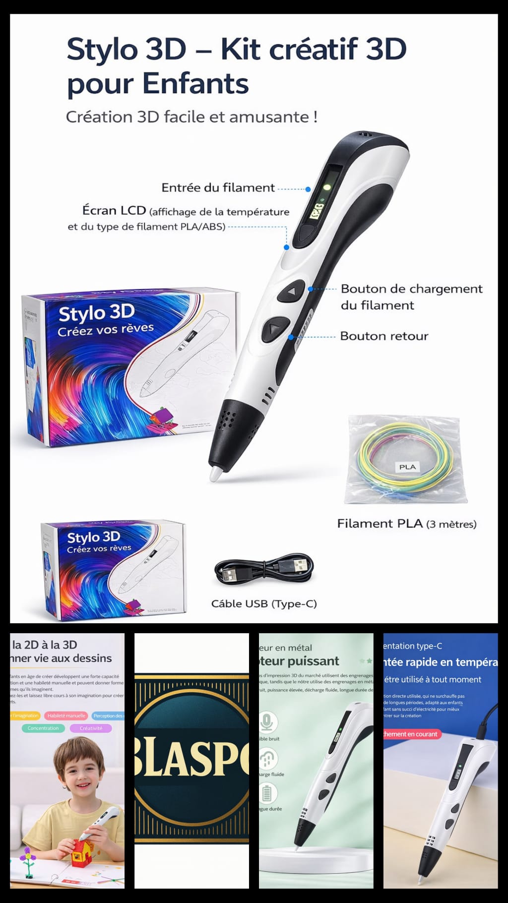 Stylo 3D Enfant – Kit Stylo Impression 3D avec Filament PLA 3 m et Câble USB-C, Stylo 3D Créatif pour Dessin 3D, Loisirs Créatifs et Activités Éducatives