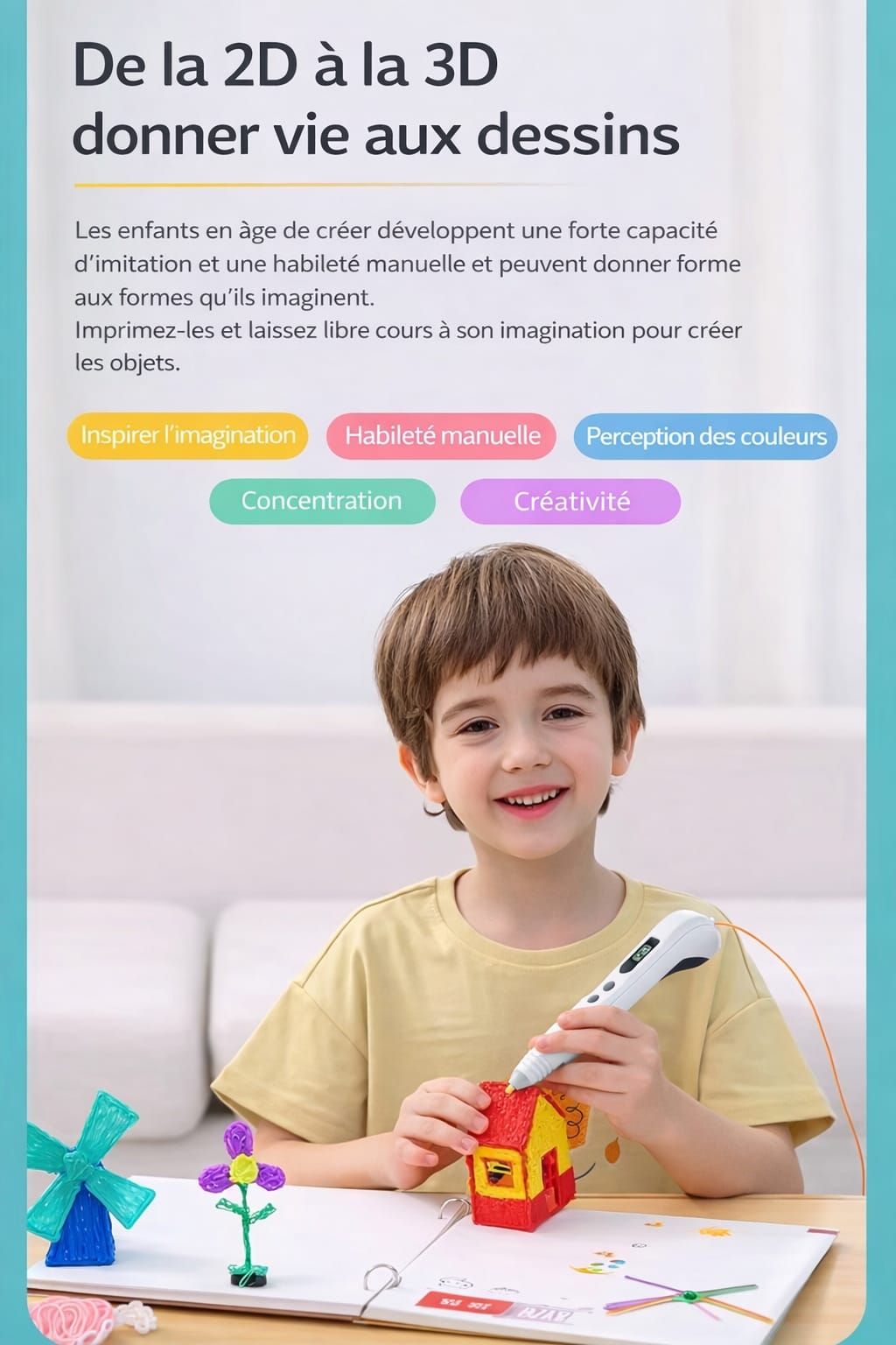 Stylo 3D Enfant – Kit Stylo Impression 3D avec Filament PLA 3 m et Câble USB-C, Stylo 3D Créatif pour Dessin 3D, Loisirs Créatifs et Activités Éducatives