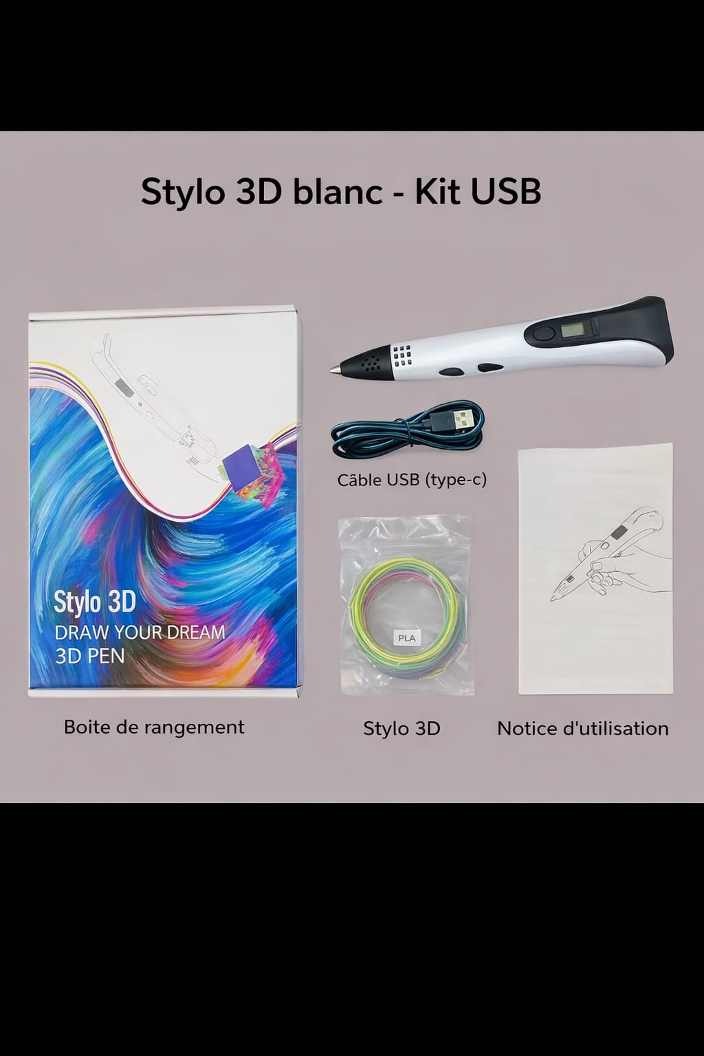 Stylo 3D Enfant – Kit Stylo Impression 3D avec Filament PLA 3 m et Câble USB-C, Stylo 3D Créatif pour Dessin 3D, Loisirs Créatifs et Activités Éducatives