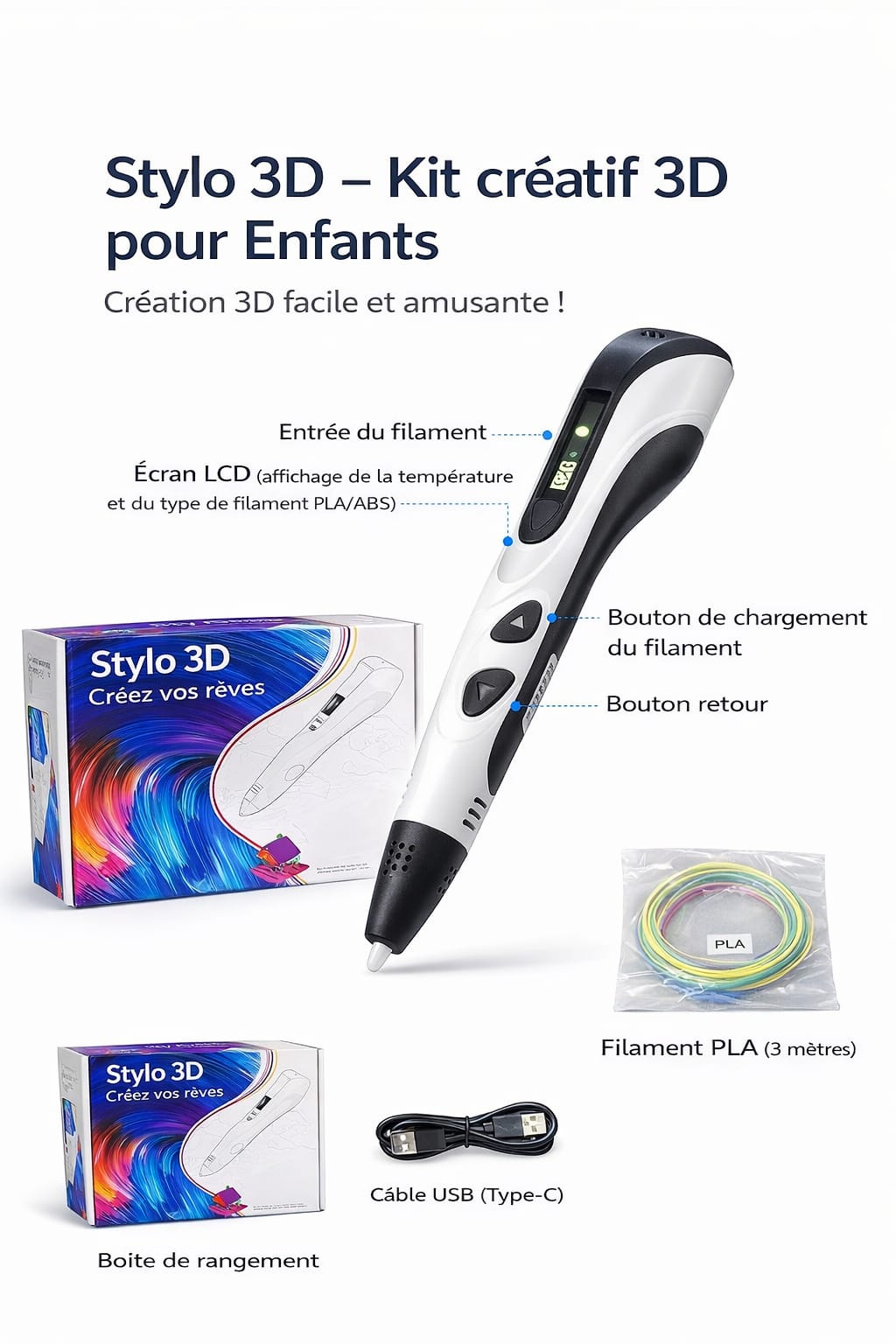 Stylo 3D Enfant – Kit Stylo Impression 3D avec Filament PLA 3 m et Câble USB-C, Stylo 3D Créatif pour Dessin 3D, Loisirs Créatifs et Activités Éducatives