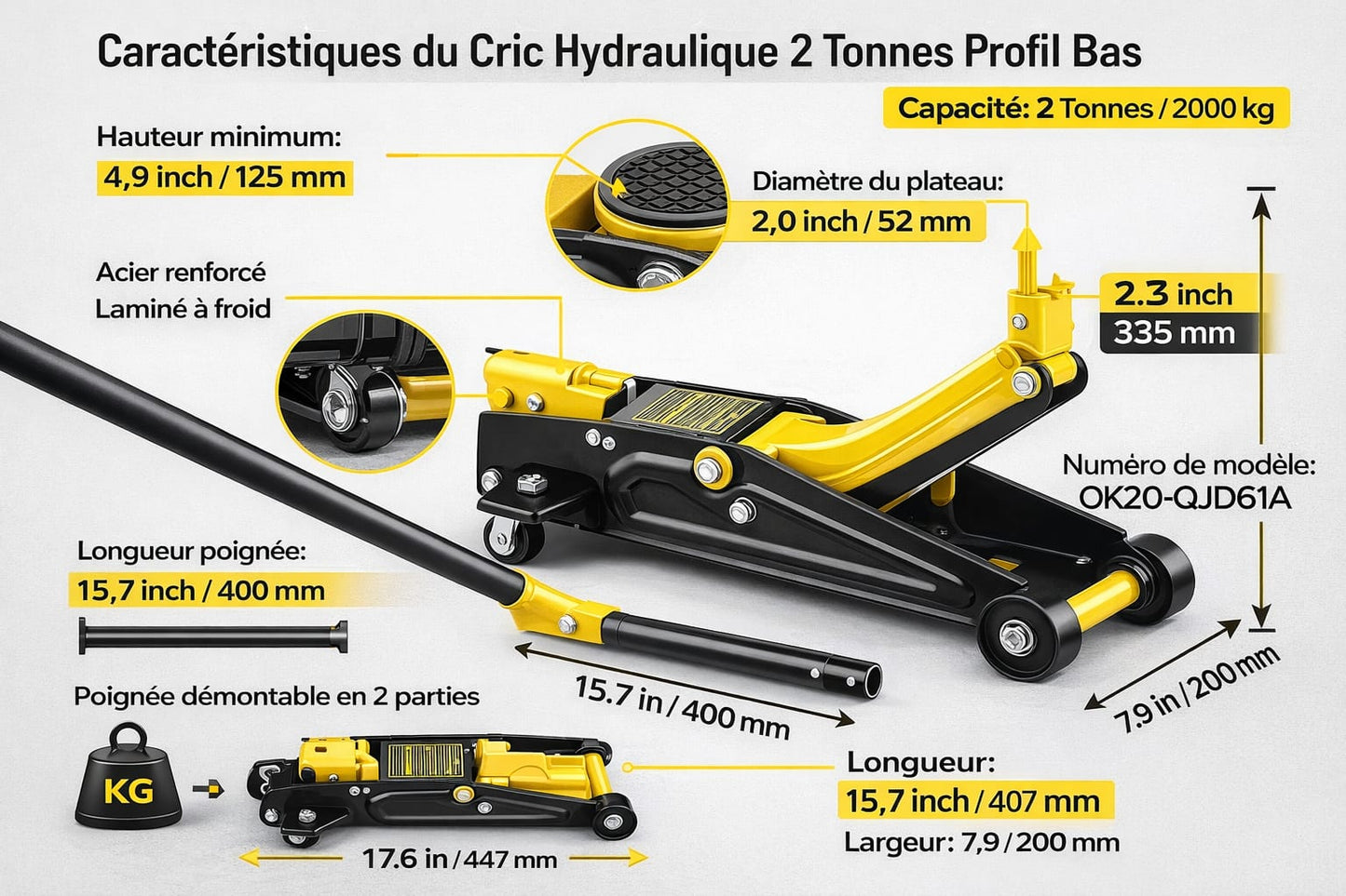 Cric Hydraulique Profil Bas 2 Tonnes – Cric de Sol Voiture 2000 kg – Hauteur 125 à 335 mm – Poignée 400 mm – Acier Renforcé – Levage Automobile Garage