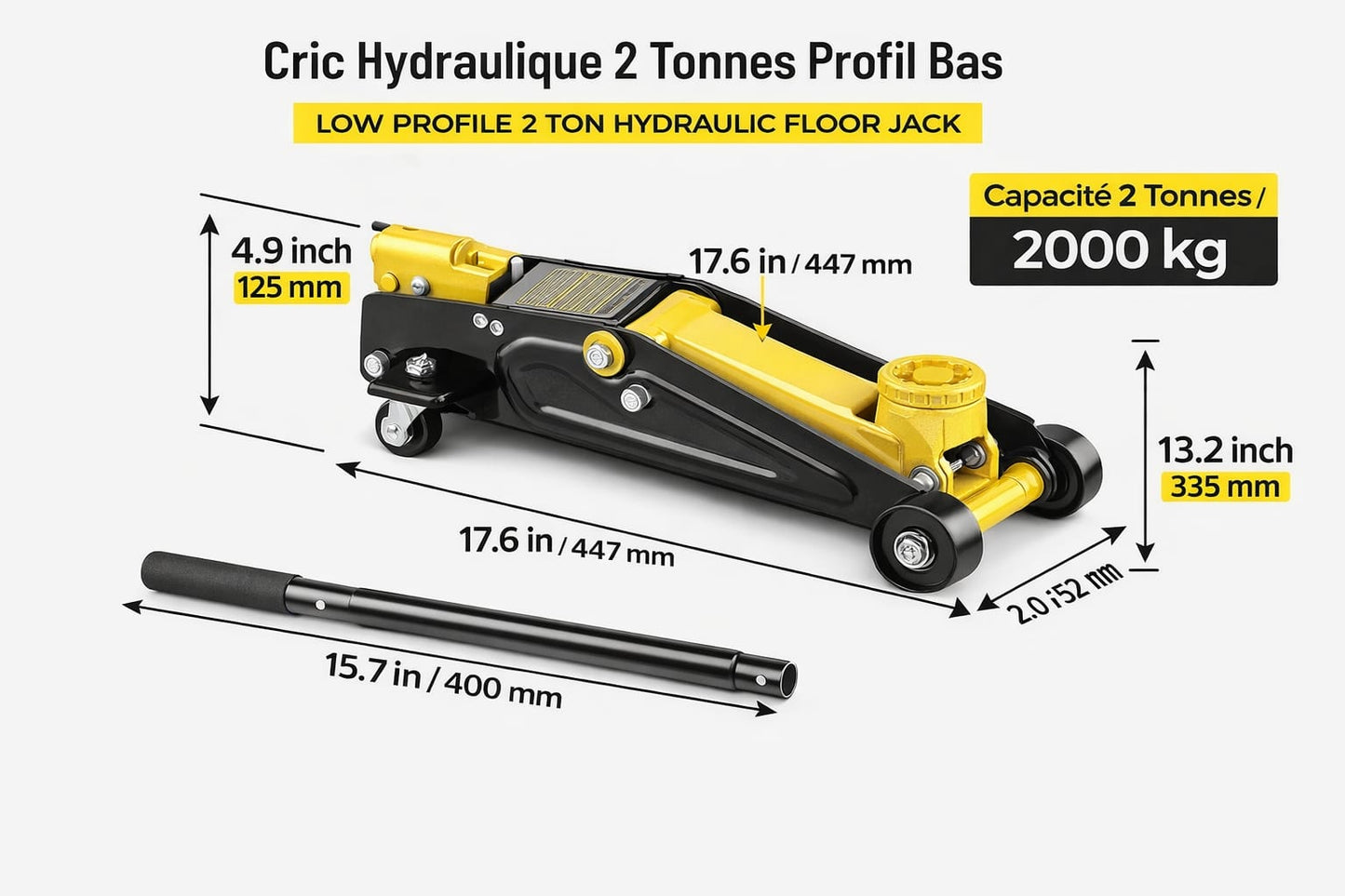 Cric Hydraulique Profil Bas 2 Tonnes – Cric de Sol Voiture 2000 kg – Hauteur 125 à 335 mm – Poignée 400 mm – Acier Renforcé – Levage Automobile Garage