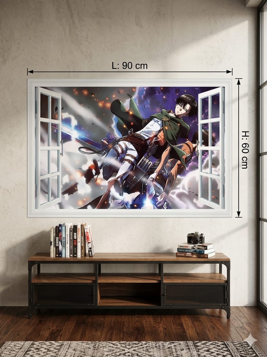 Sticker mural géant Attaque des Titans Levi Ackerman 90 x 60 cm – Décoration murale anime manga 3D effet fenêtre