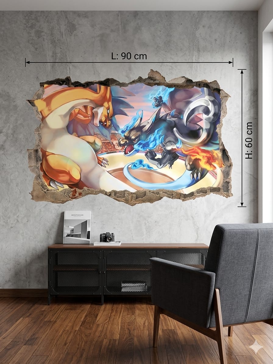 Sticker Mural 3D Dragons de Combat 90 x 60 cm – Effet Mur Cassé – Créatures Légendaires de Feu – Décoration Chambre Enfant, Gaming et Fantasy