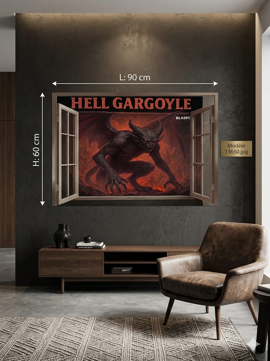 Sticker Mural 3D Hell Gargoyle 90 x 60 cm – Fenêtre Infernal Effet Trompe-l’Œil – Démon Gargouille Fantastique – Décoration Murale Horreur