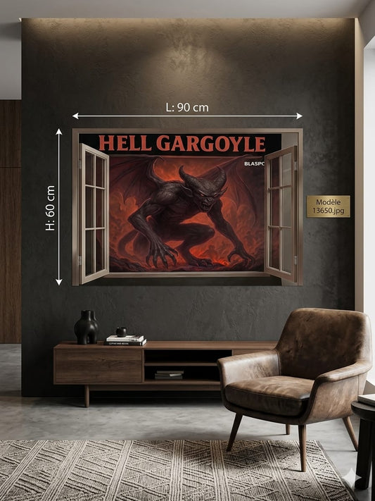 Sticker Mural 3D Hell Gargoyle 90 x 60 cm – Fenêtre Infernal Effet Trompe-l’Œil – Démon Gargouille Fantastique – Décoration Murale Horreur
