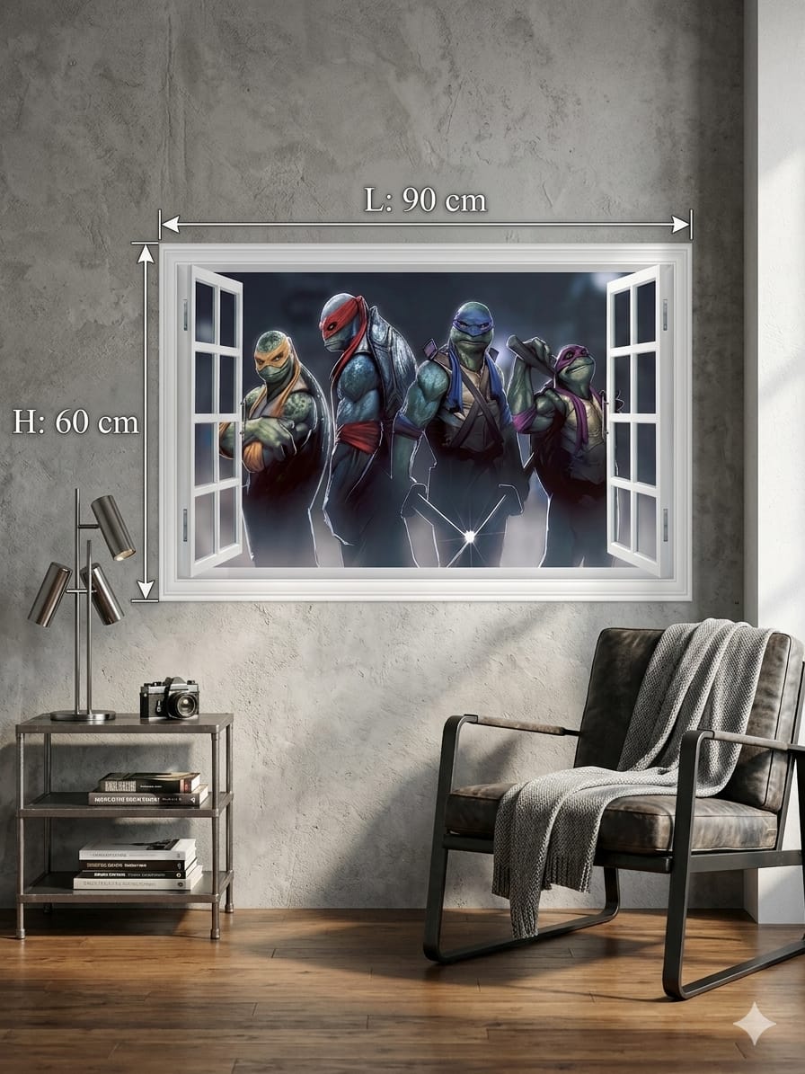 Sticker Mural 3D Tortues Ninja 90 x 60 cm – Effet Fenêtre Ouverte – Décoration Murale Chambre Enfant, Salle de Jeux et Espace Gaming
