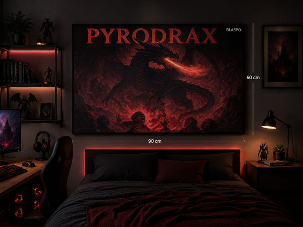 Vinilo decorativo dragón Pyrodrax Blaspo 90 x 60 cm – Decoración fantástica fuego y oscuridad – Póster gran formato para habitación gamer, oficina o salón