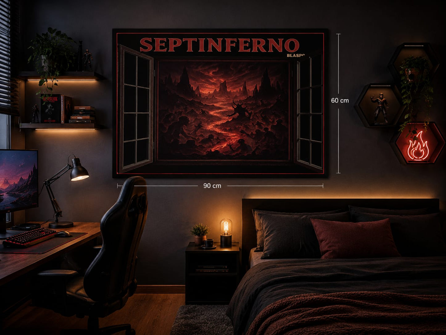 Sticker Mural 3D SEPTINFERNO Blaspo 90 x 60 cm – Fenêtre Ouverte sur les Sept Enfers – Décoration Gothique, Fantasy et Horreur pour Chambre Gaming et Salon