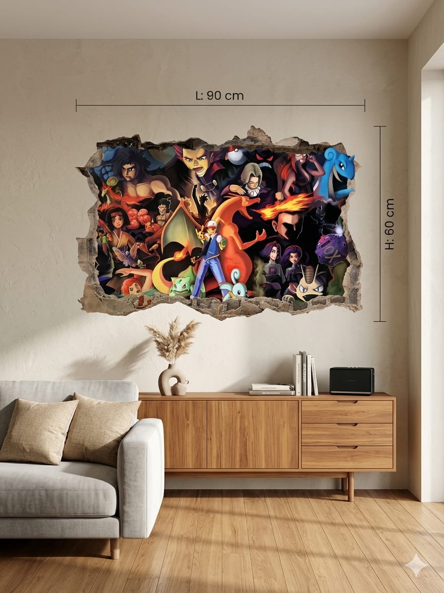 Sticker Mural Pokémon 3D 90 x 60 cm – Effet Mur Cassé – Décoration Chambre Enfant, Gamer et Collectionneur