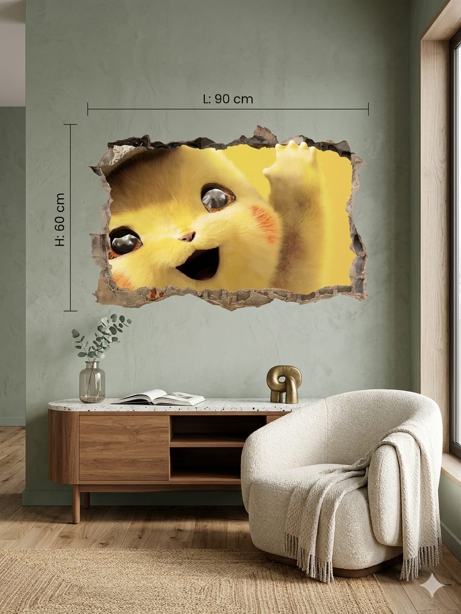Sticker Mural 3D Créature Électrique Souriante 90 x 60 cm – Effet Mur Cassé – Décoration Chambre Enfant, Salle de Jeux et Univers Fantastique