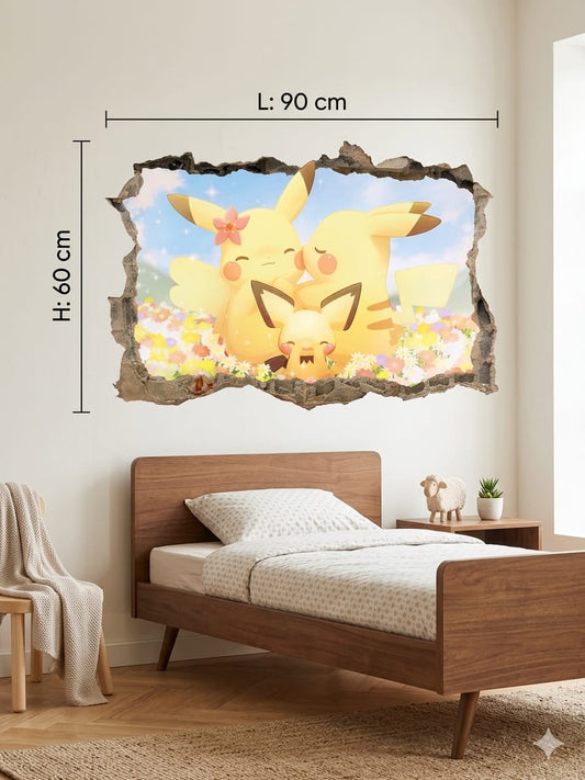 Sticker Mural 3D Famille Créatures Électriques 90 x 60 cm – Effet Mur Cassé – Décoration Chambre Enfant, Bébé et Salle de Jeux