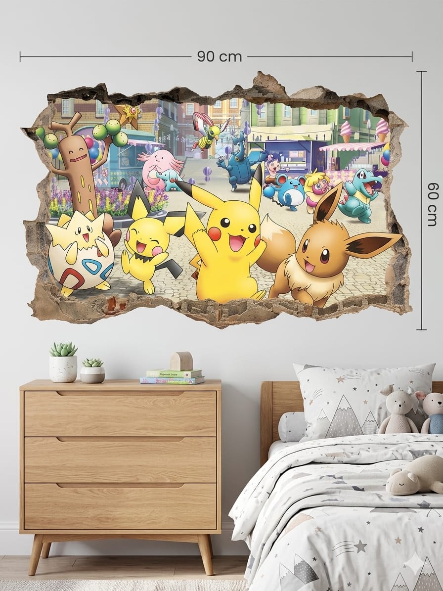 Sticker Mural 3D Créatures de Collection 90 x 60 cm – Effet Mur Cassé – Décoration Chambre Enfant, Salle de Jeux et Espace Gaming