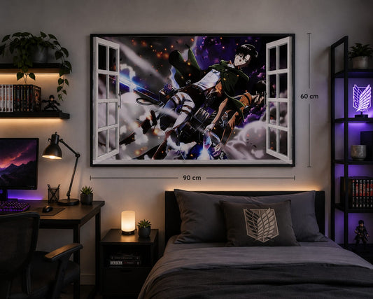 Sticker mural géant Attaque des Titans Levi Ackerman 90 x 60 cm – Décoration murale anime manga 3D effet fenêtre