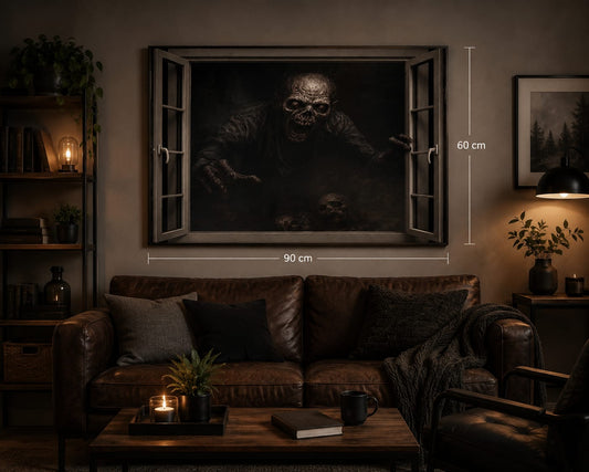Sticker Mural Zombie Fenêtre 3D Blaspo 90 x 60 cm – Créature Horrifique Sortant du Mur – Décoration Horreur pour Salon, Chambre Gamer ou Cinéma
