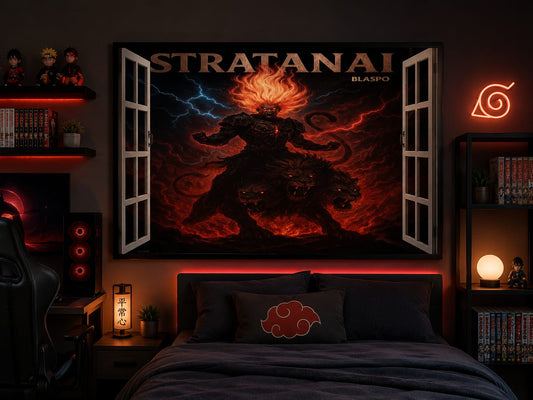 Sticker Mural 3D STRATANAI Blaspo 90 x 60 cm – Guerrier de l’Apocalypse et Lion à Trois Têtes – Effet Fenêtre Ouverte Fantasy – Décoration Gaming et Chambre