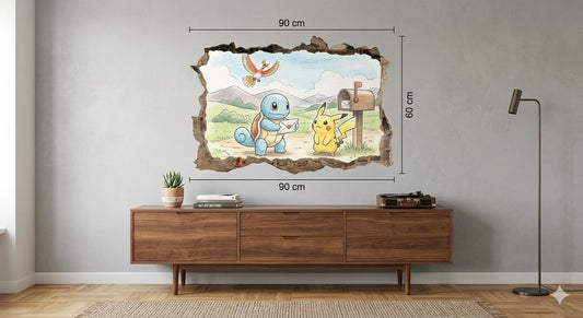 Sticker Mural Pokémon 90 x 60 cm – Pikachu et Carapuce – Décoration Murale Manga – Autocollant Grand Format