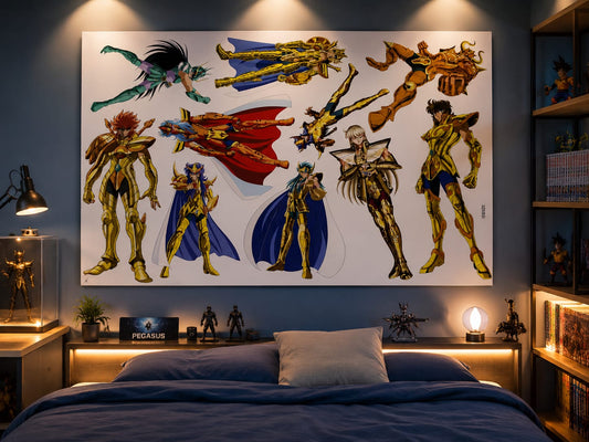 Sticker Mural Les Chevaliers du Zodiaque 90x60 cm – Saint Seiya Gold Saints – Décoration Manga Anime Vintage – Poster Géant Chambre Gamer