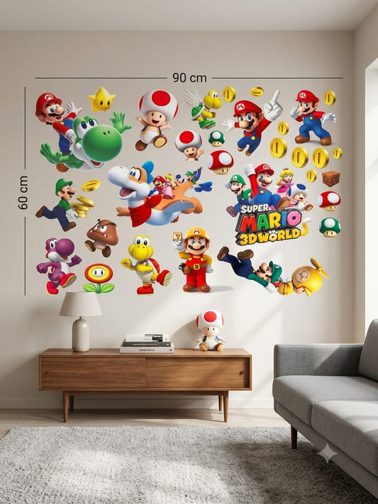Sticker Mural Super Mario 3D World 90x60 cm – Mario, Luigi, Yoshi et Toad – Décoration Chambre Enfant Gamer Nintendo – Poster Géant Mur