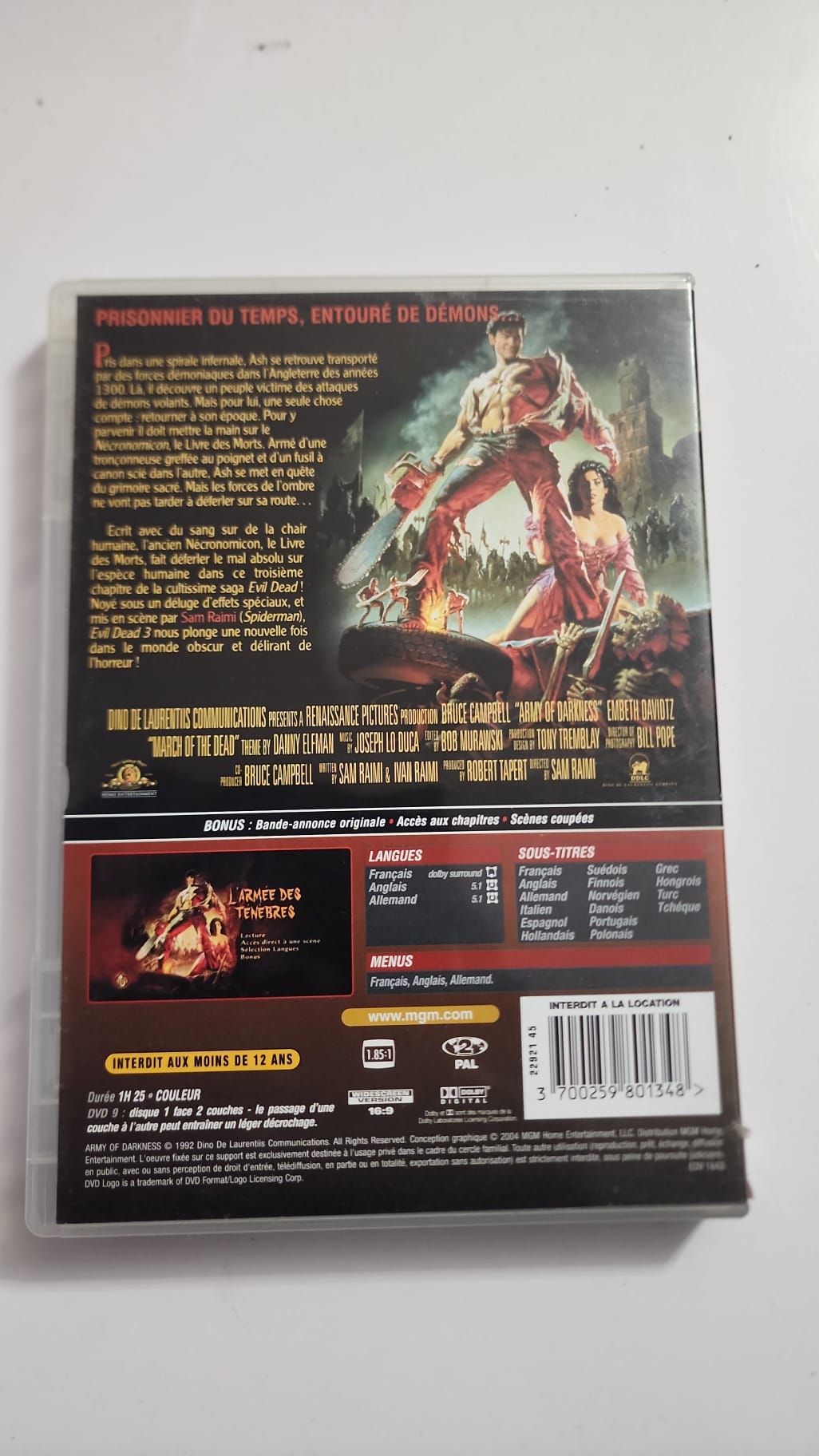 DVD Evil Dead 3 L'Armée des Ténèbres – Verso