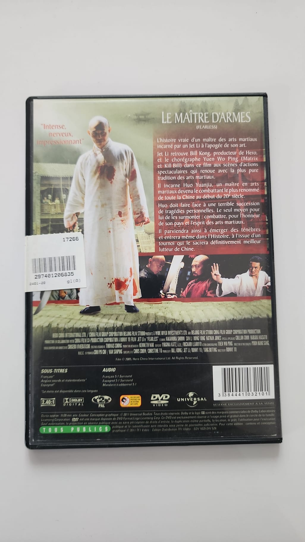 Le Maître d'Armes Fearless DVD - Dos de la boîte avec synopsis et caractéristiques