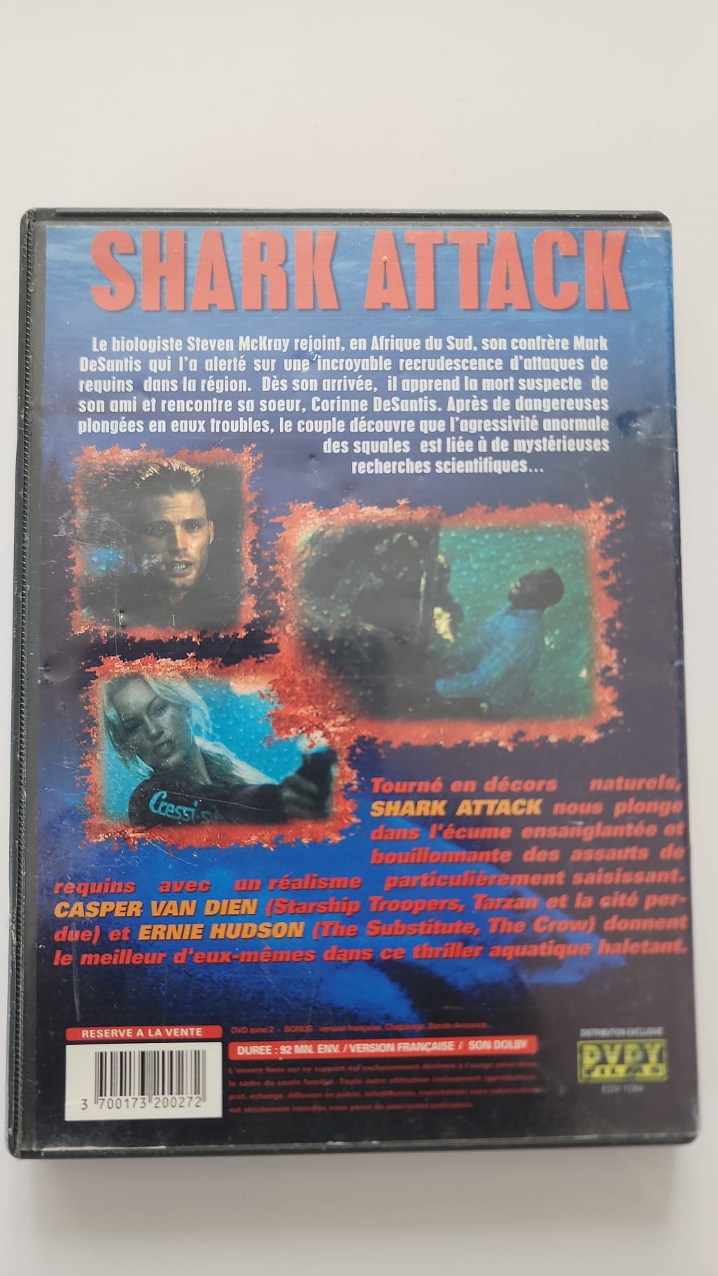 Shark Attack DVD - Dos de la boîte avec synopsis et Ernie Hudson