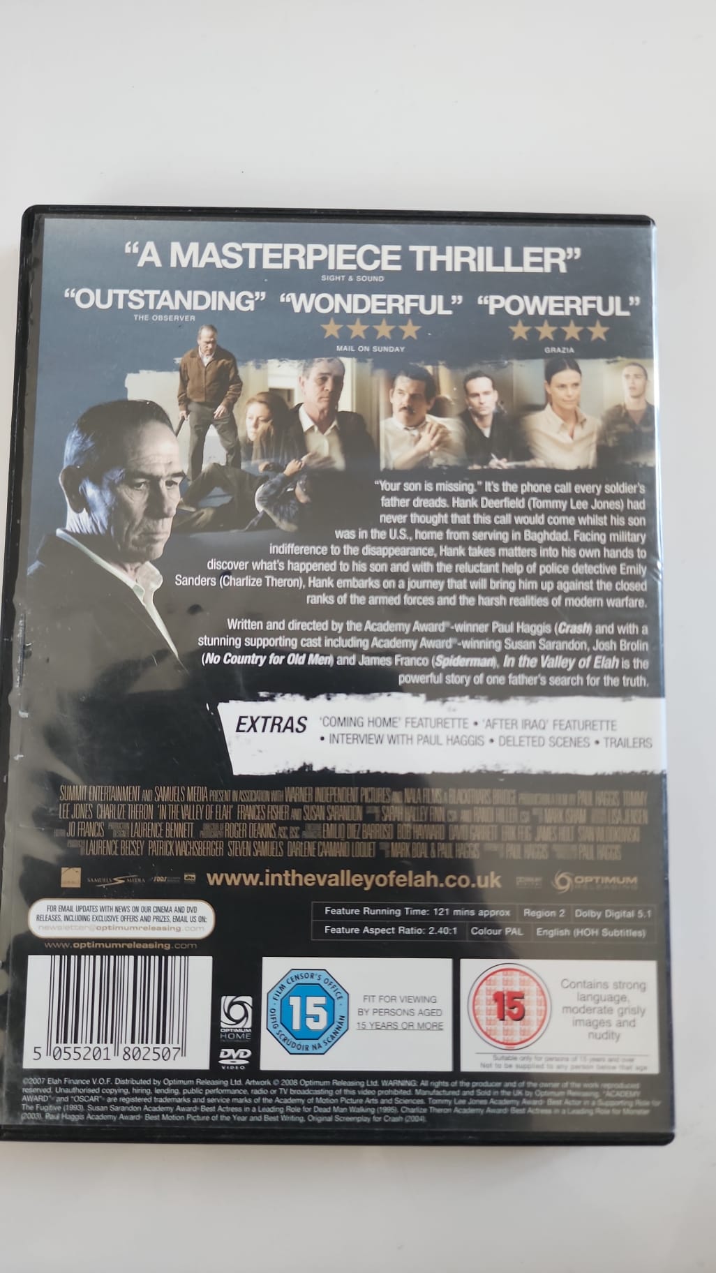 Jaquette arrière du DVD In the Valley of Elah avec synopsis et caractéristiques techniques