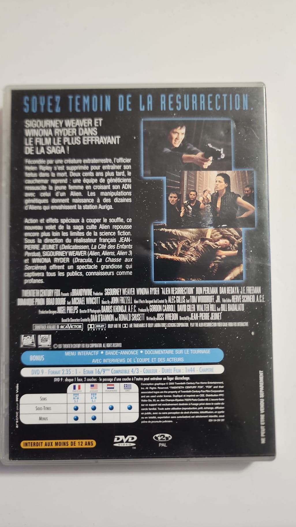 Alien la résurrection DVD verso caractéristiques