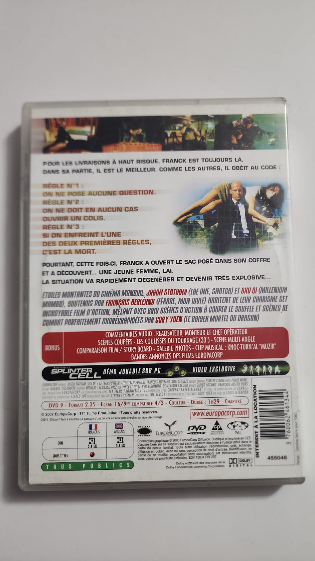Jaquette arrière du DVD Le Transporteur EuropaCorp