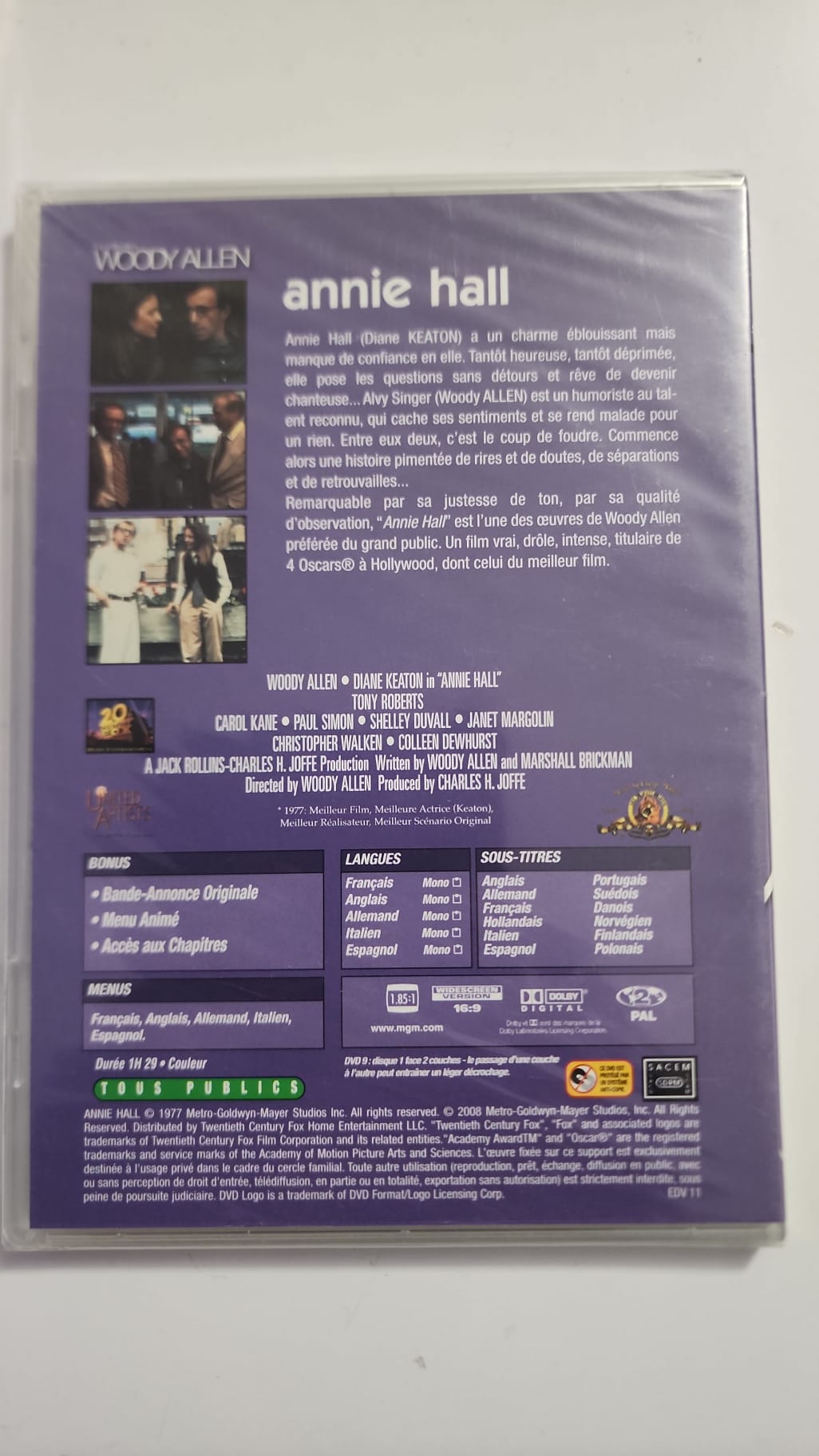 Annie Hall DVD – dos de la jaquette – caractéristiques et langues