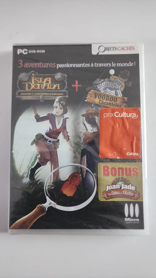 Coffret 3 jeux PC objets cachés – Isla Dorada, Voodoo Chronicles et Joan Jade – Neuf