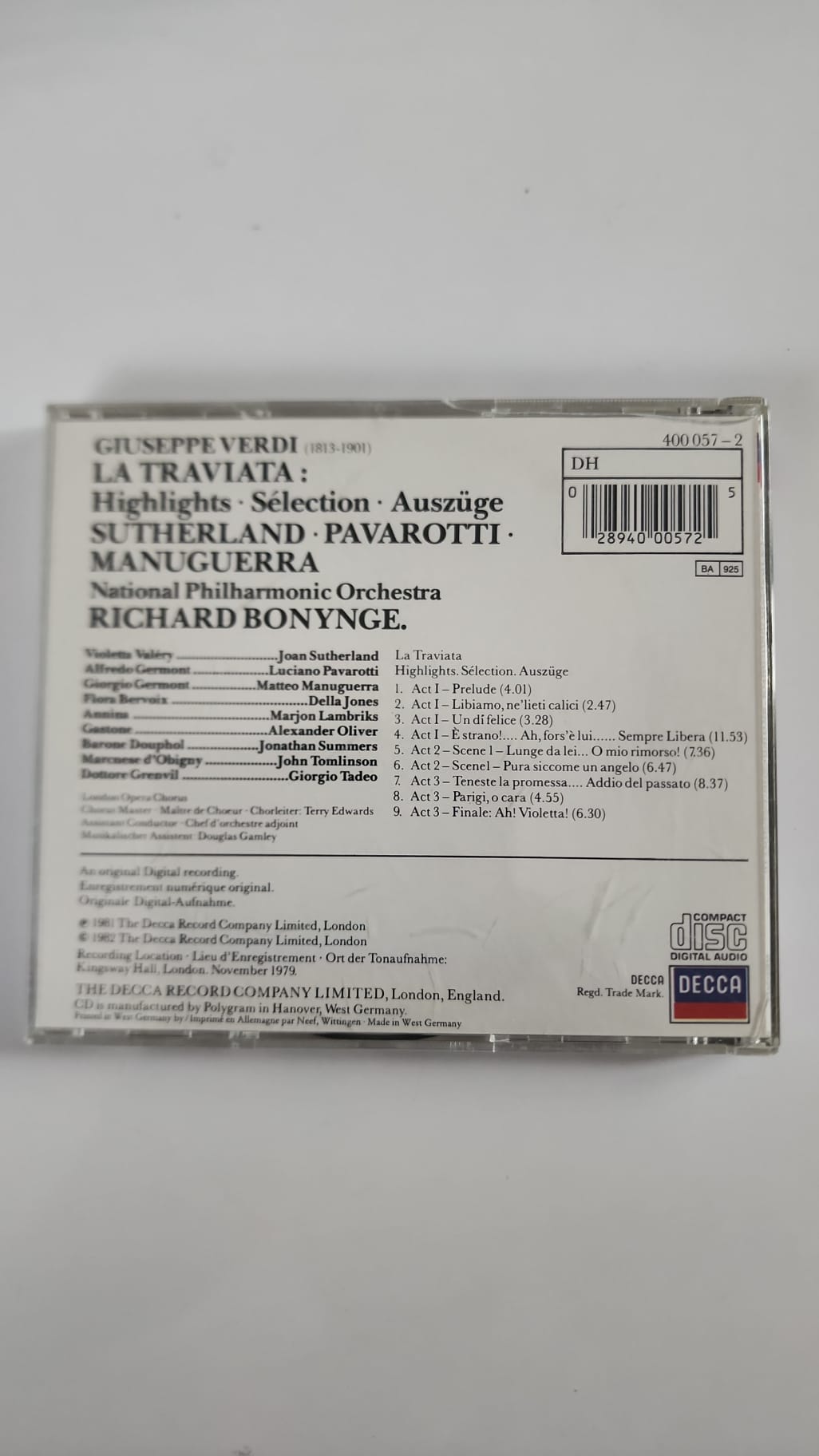 Verdi – La Traviata, sélection – Sutherland, Pavarotti, Bonynge – CD Decca