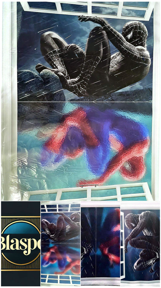 Sticker mural fenêtre Spider-Man Noir – Décoration murale effet 3D – Grand format 90x60 cm