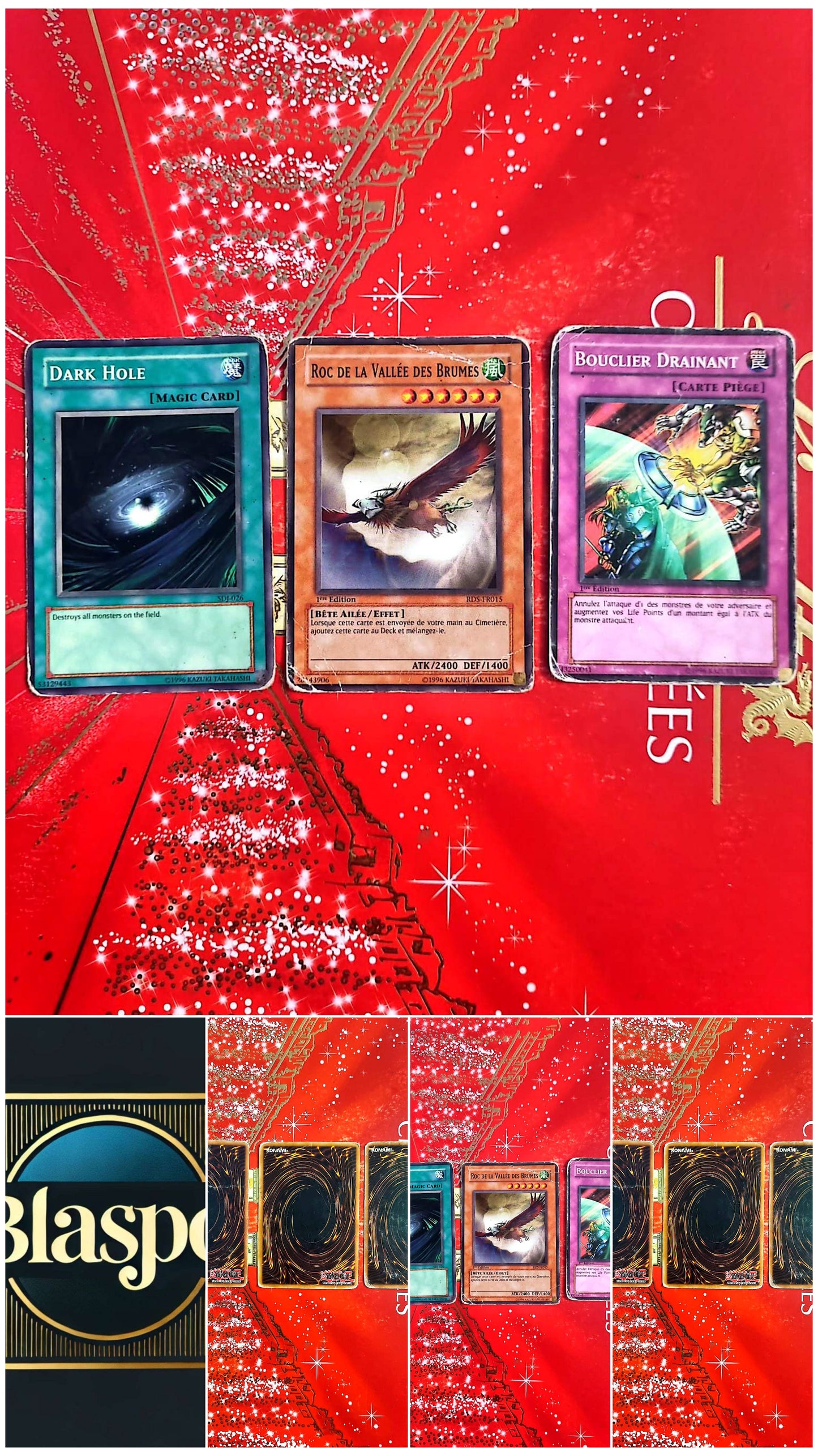 Lot de 3 Cartes Yu-Gi-Oh! Officielles Konami – Dark Hole – Roc de la Vallée des Brumes – Bouclier Drainant – Français