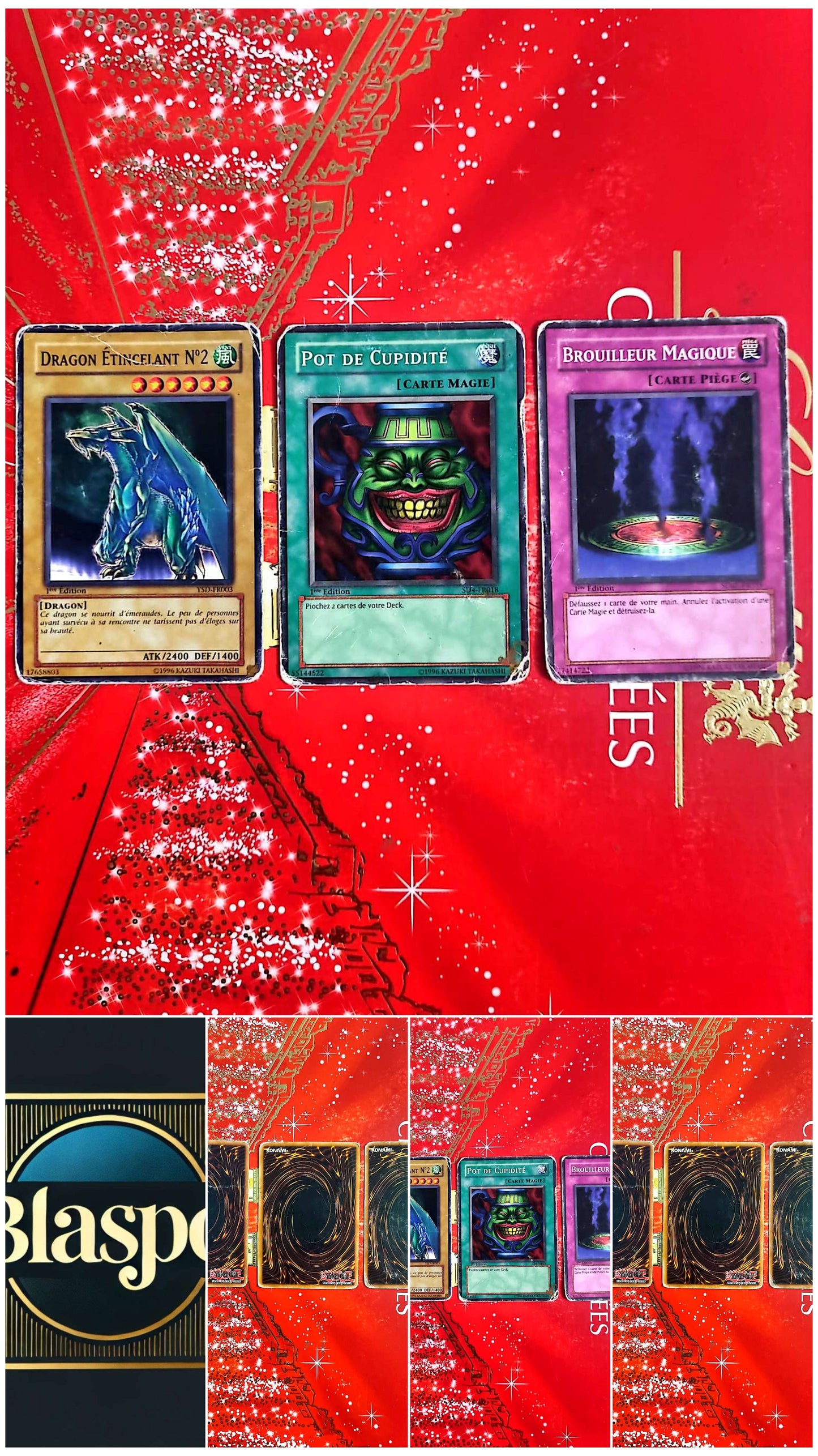 Lot de 3 Cartes Yu-Gi-Oh! Officielles Konami – Dragon Étincelant n°2 – Pot de Cupidité – Brouilleur Magique – Français