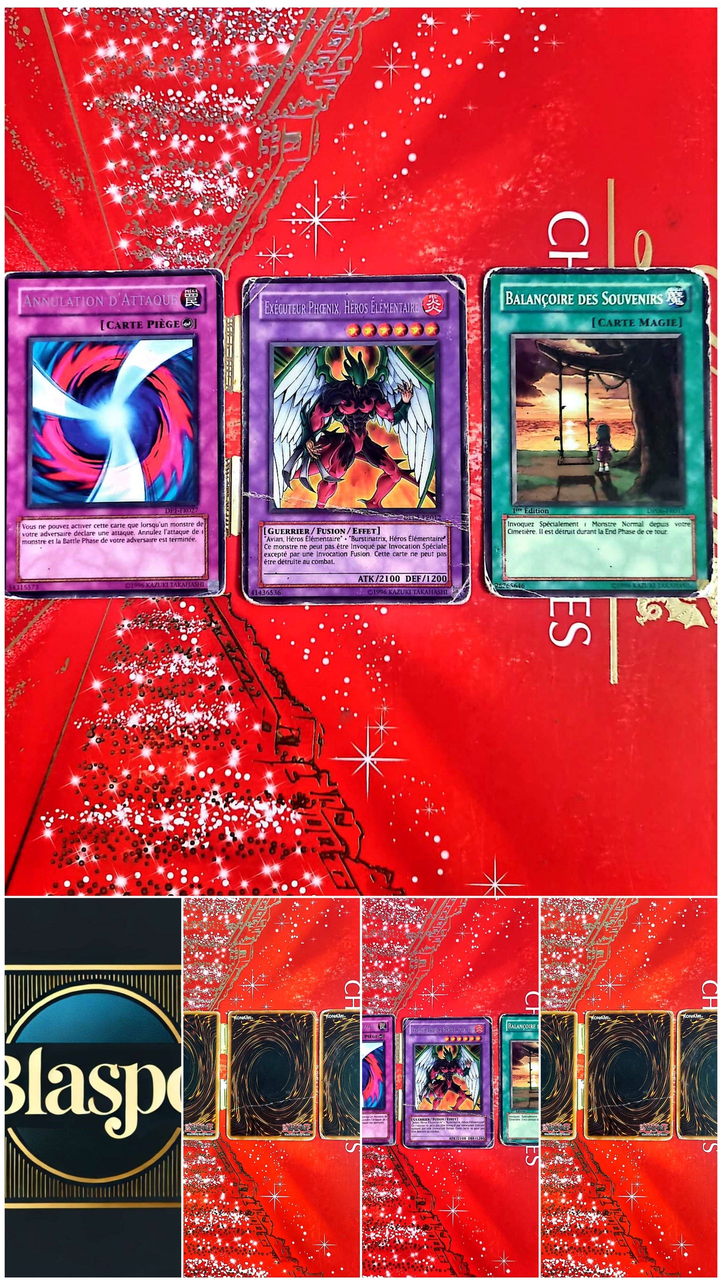 Lot de 3 Cartes Yu-Gi-Oh! Officielles Konami – Exécuteur Phénix Héros Élémentaire – Annulation d’Attaque – Balancoire des Souvenirs – Français