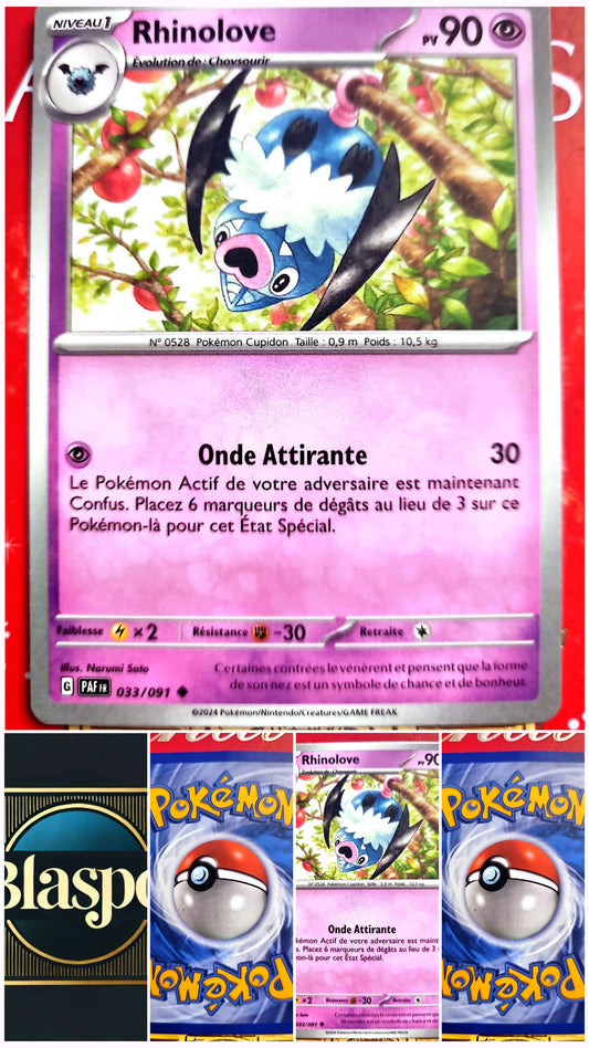 Carte Pokémon Rhinolove, évolution de Chovsourir. Carte officielle Pokémon, version française. Vendue à l’unité.