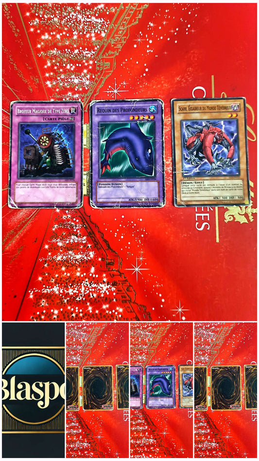 Lot de 3 Cartes Yu-Gi-Oh! Officielles Konami – Requin des Profondeurs – Scarr Monde Ténébreux – Broyeur Magique Type Zéro – Français