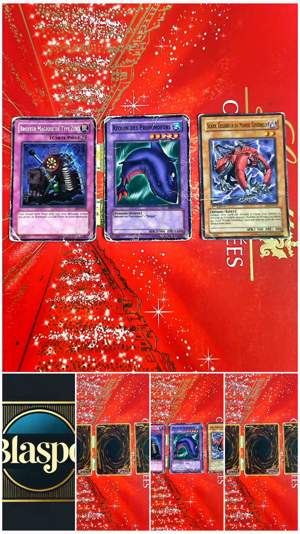 Lote de 3 cartas Yu-Gi-Oh! oficiales de Konami – Tiburón de las Profundidades – Scarr, Acechador del Mundo Oscuro – Triturador Mágico Tipo Cero – Francés
