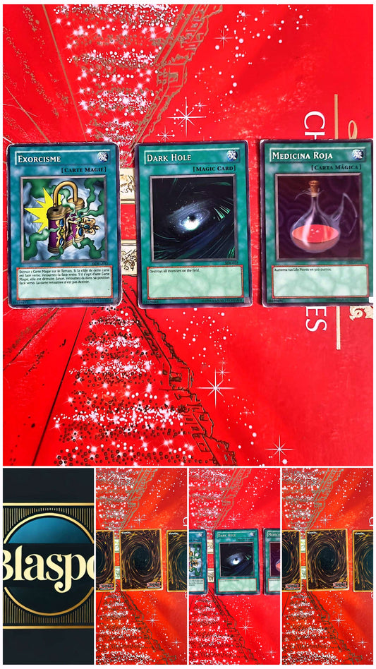 Lot de 3 Cartes Yu-Gi-Oh! Officielles Konami – Dark Hole – Exorcisme – Medicina Roja – Multilingue