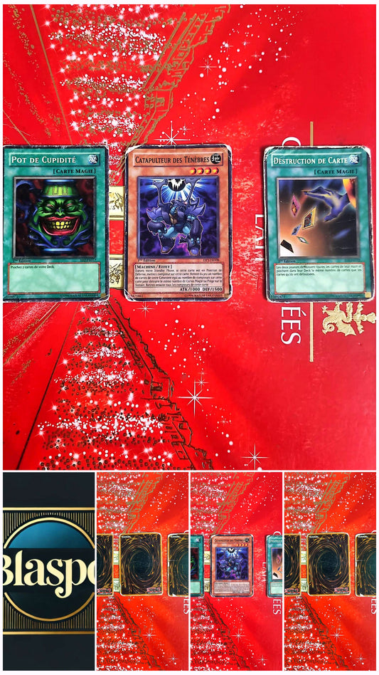 Lot de 3 Cartes Yu-Gi-Oh! Officielles Konami – Pot de Cupidité – Catapulteur des Ténèbres – Destruction de Carte