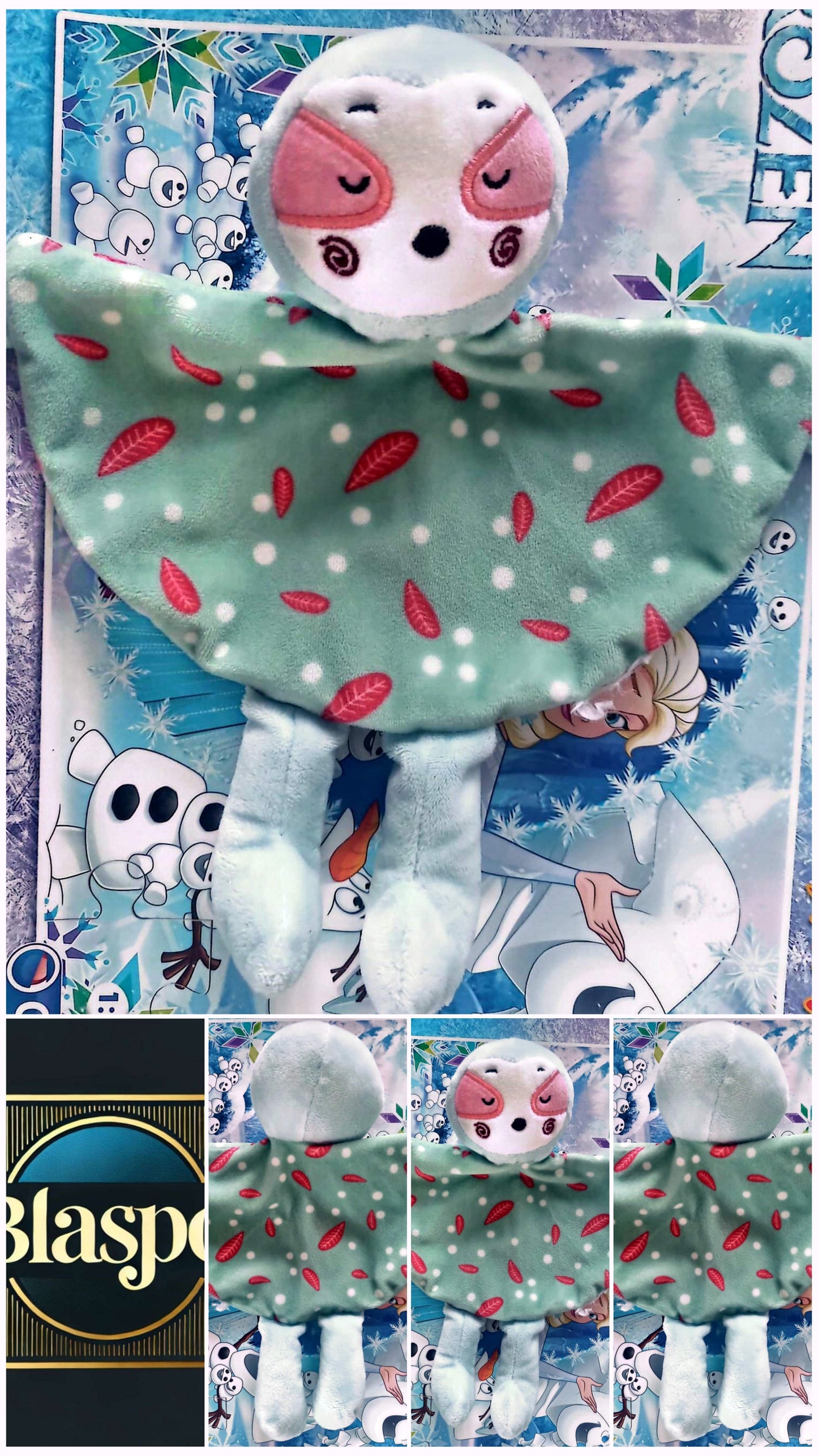 Doudou Bébé Plat avec Tête Peluche – Motif Feuilles – Bleu et Vert