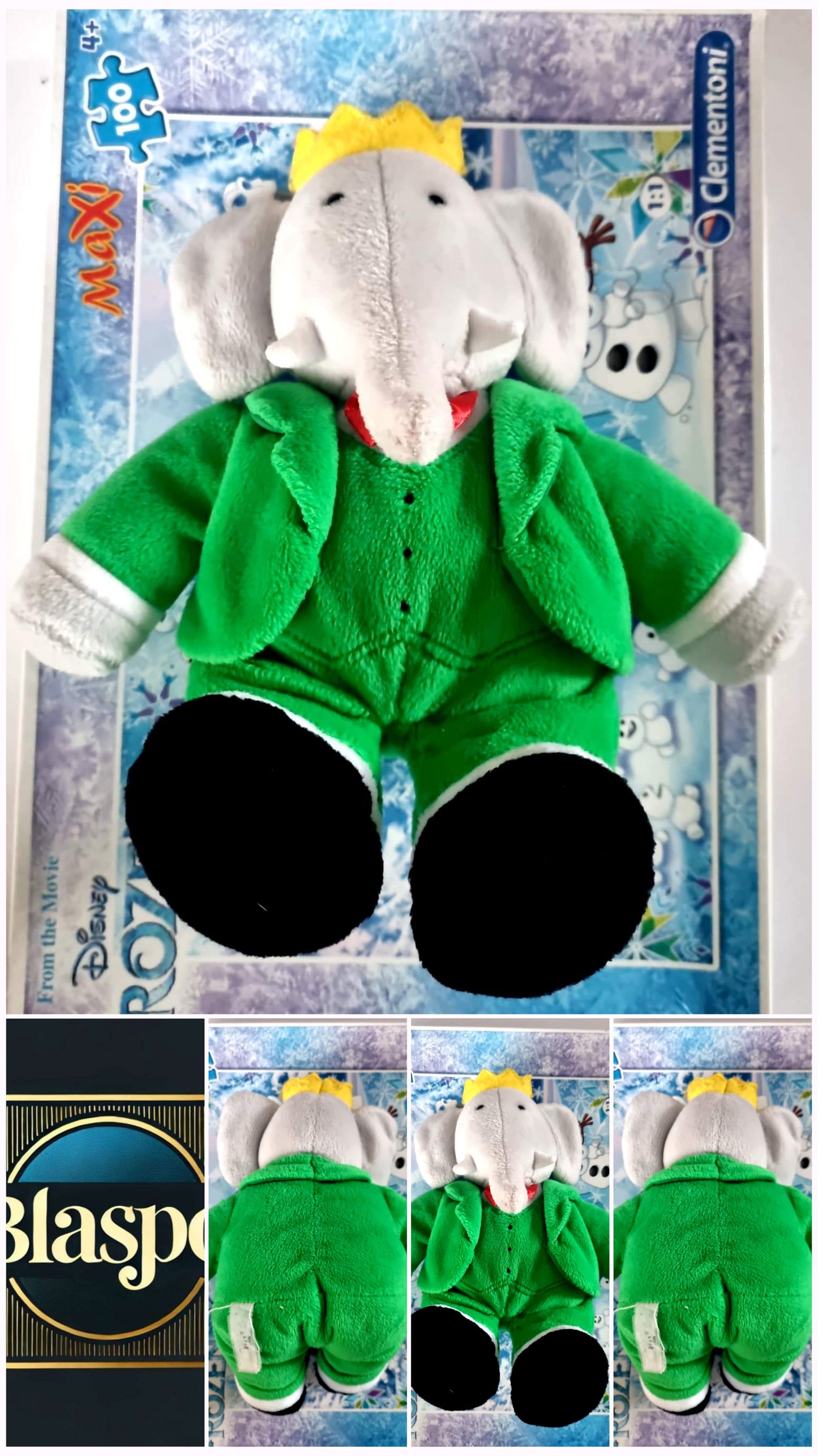 Peluche Éléphant Couronne – Tenue Verte – Doudou Enfant