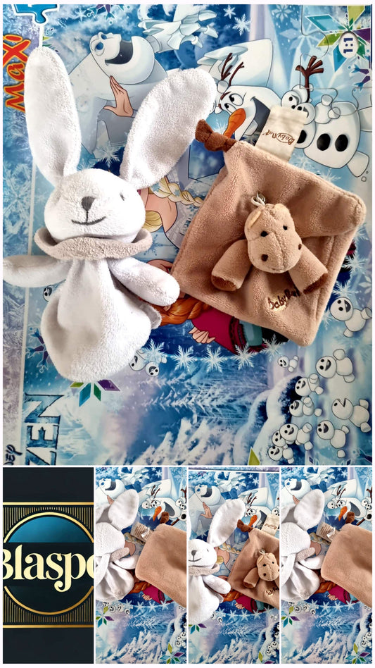 Lot Doudou Bébé Lapin Blanc + Mini Doudou Marron – Peluches