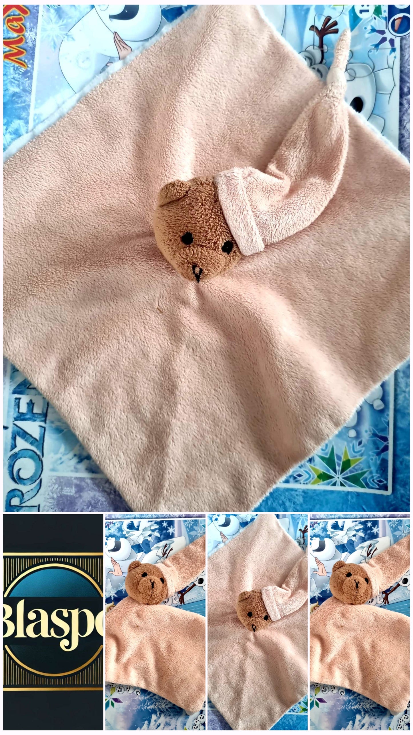 Doudou Bébé Ours Plat Jaune et Blanc avec Anneau Hochet
