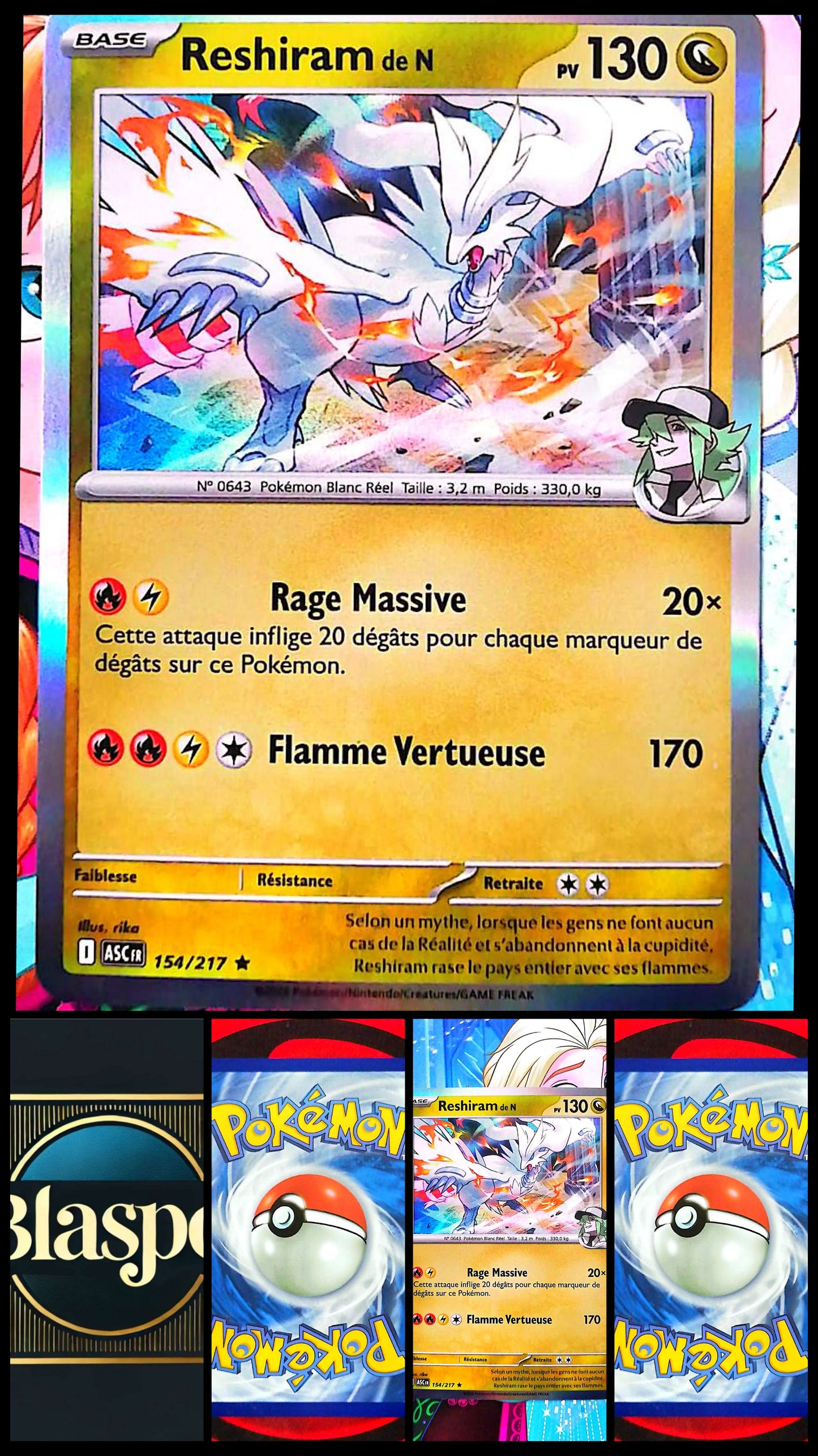 Carte Pokémon Reshiram de N 154/217 PV 130 – Carte Officielle Française – Pokémon Légendaire Feu