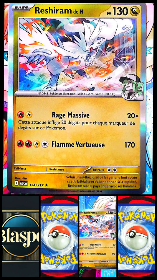 Carte Pokémon Reshiram de N 154/217 PV 130 – Carte Officielle Française – Pokémon Légendaire Feu