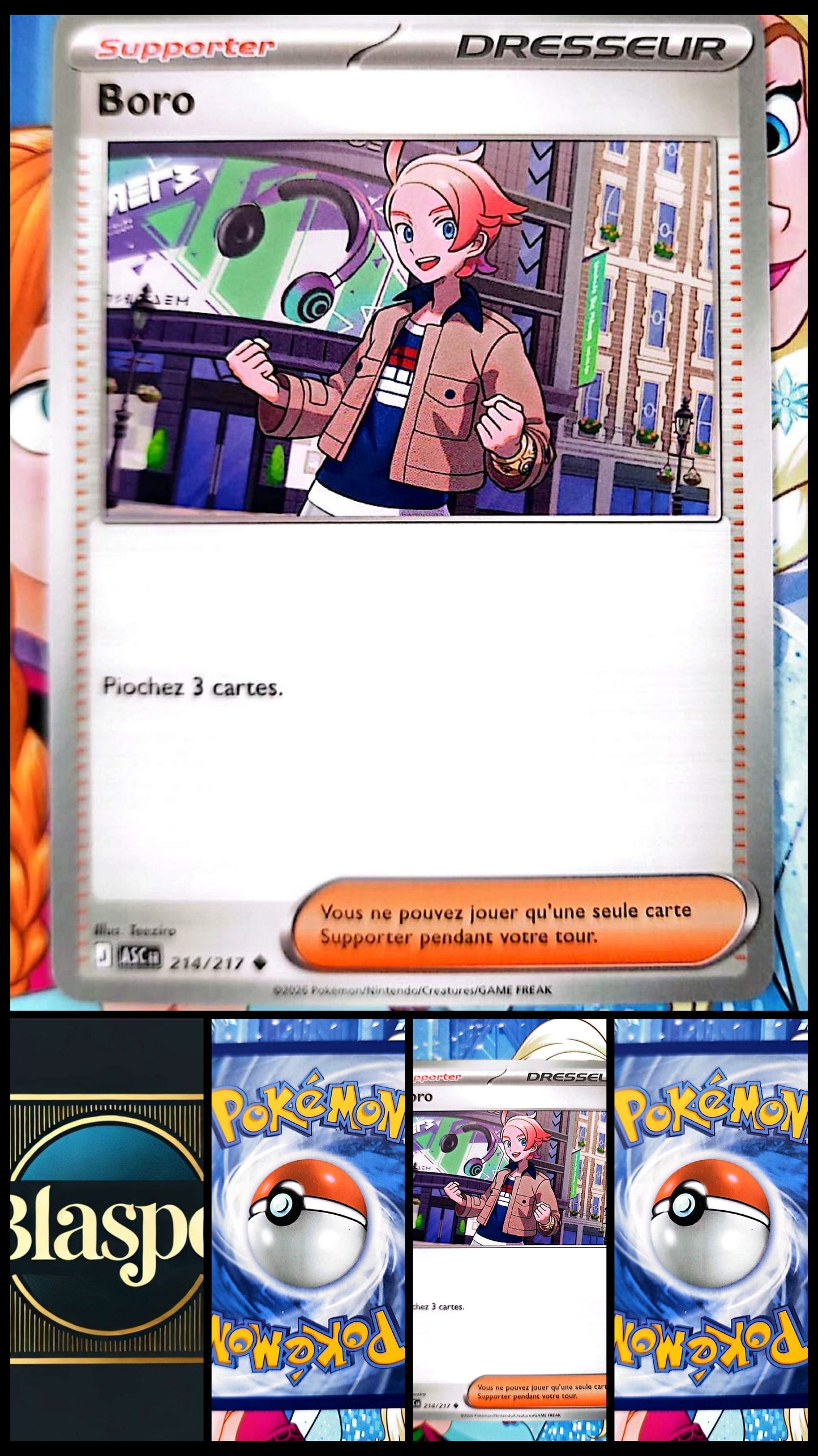 Carte Pokémon Boro 214/217 – Carte Supporter Dresseur – Piochez 3 cartes – Carte Pokémon Française