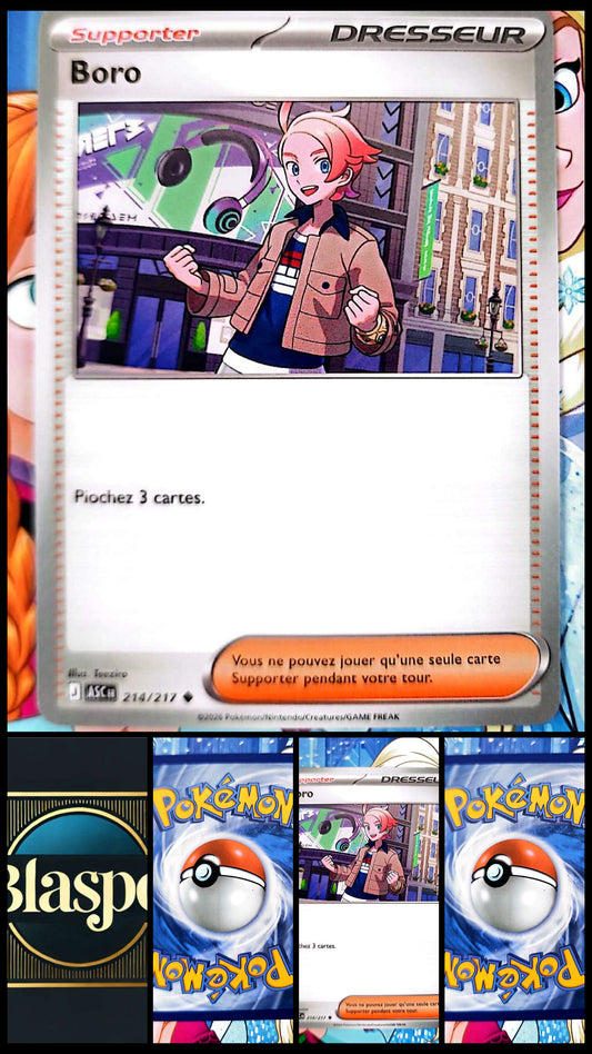 Carte Pokémon Boro 214/217 – Carte Supporter Dresseur – Piochez 3 cartes – Carte Pokémon Française