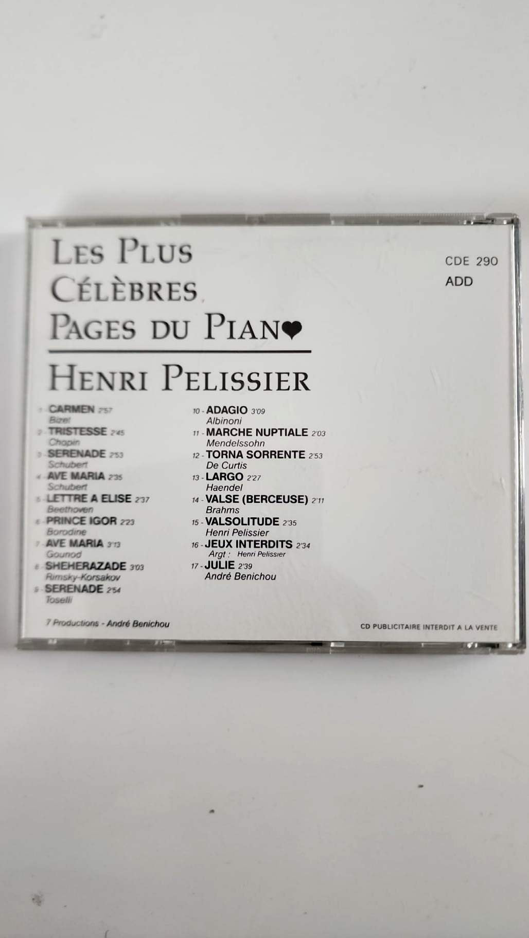 Henri Pelissier – Les plus belles pages du piano – CD publicitaire Pantiero Cannes 1995